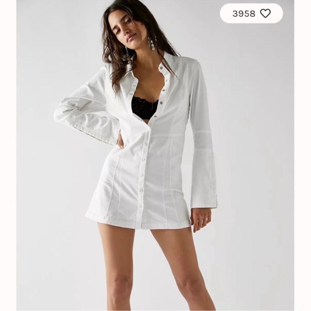 NWT‎ FREE PEOPLE Thea Mini Dress White Button-down Long Sleeve Size Large